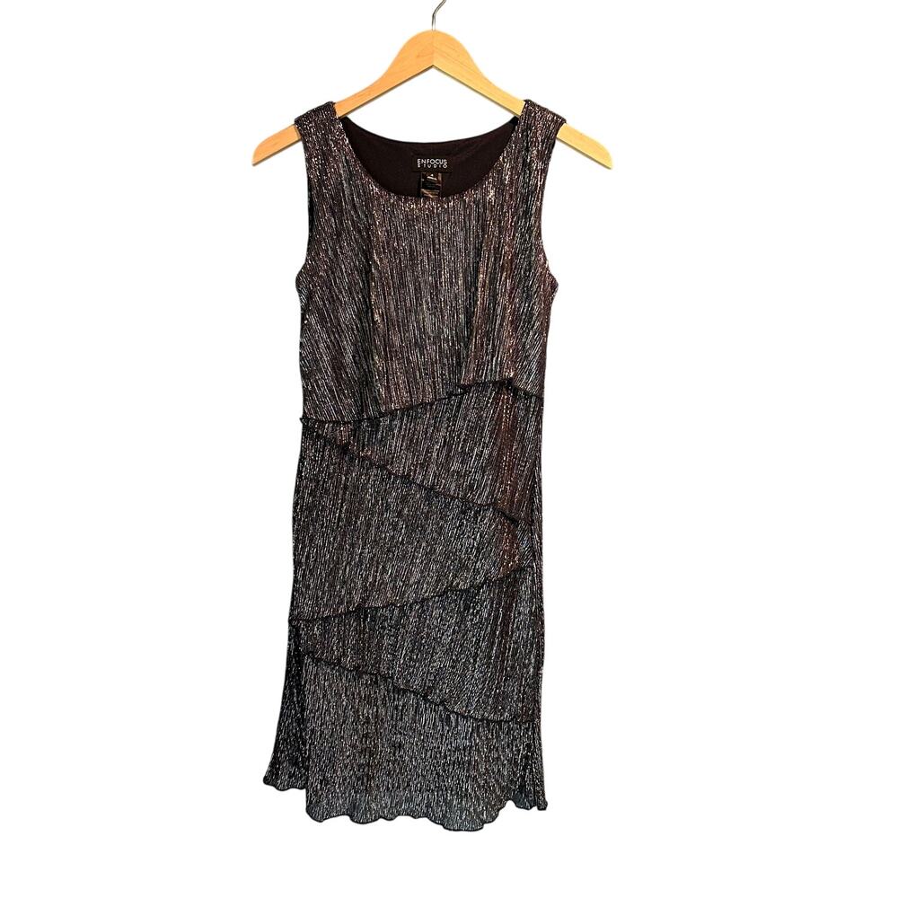 Enfocus Studio Size 4 Cocktail Dress Navy Silver Tier Ruffle Dressy Stretchy